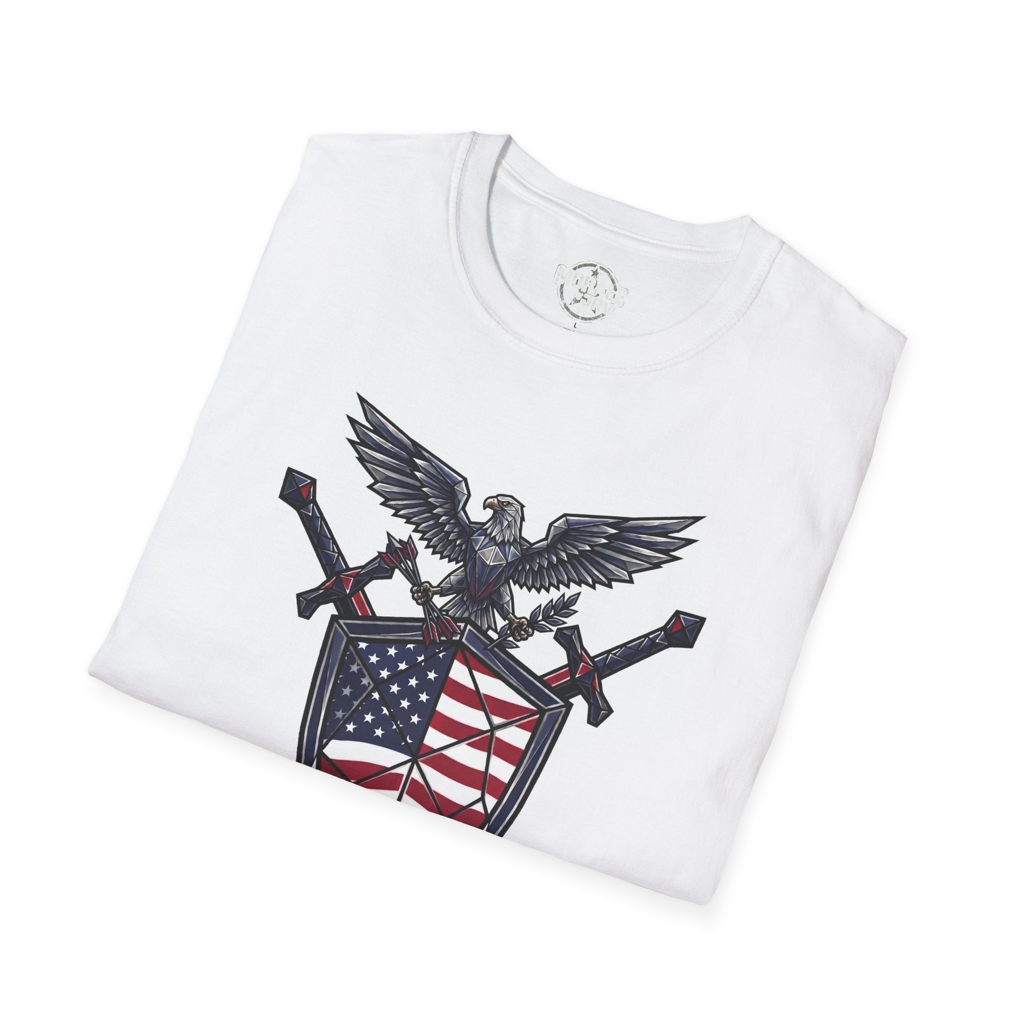 White T-shirt with patriotic eagle and crossed weapons graphic, red white blue flag