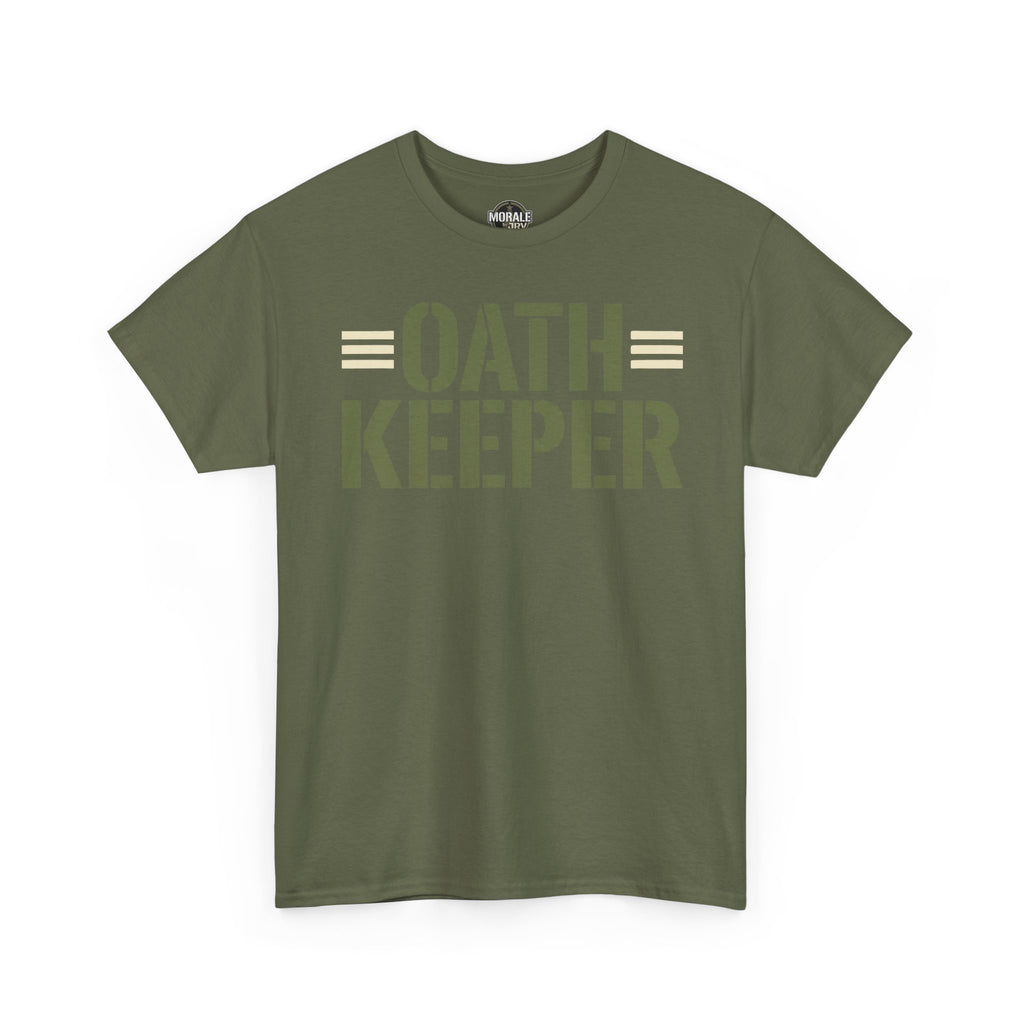 Military green T-shirt with "OATH KEEPER" stencil graphic on front.