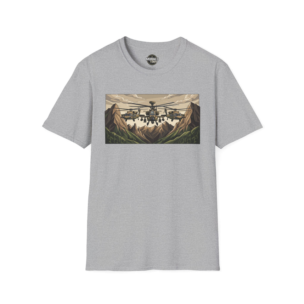 Attack Helicopter T-Shirt in Sport Grey with mountain helicopter graphic front