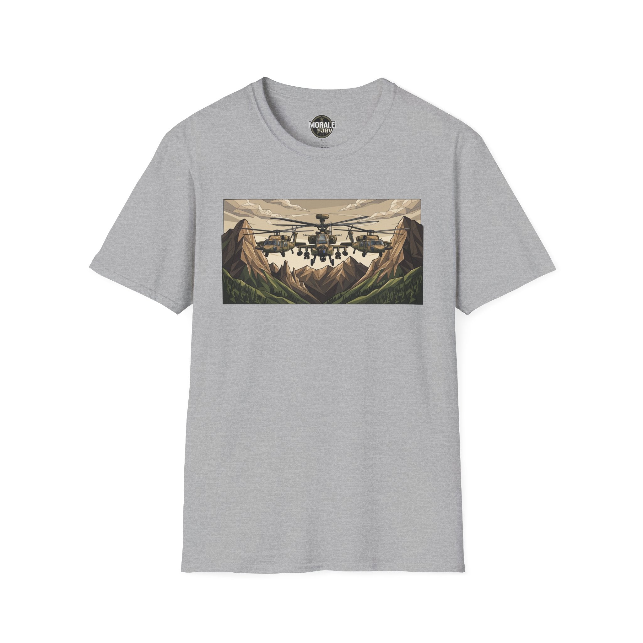 Attack Helicopter T-Shirt in Sport Grey with mountain helicopter graphic front