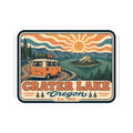 Kiss-cut sticker featuring sun rays, evergreen trees, and Crater Lake Oregon Est. 1902