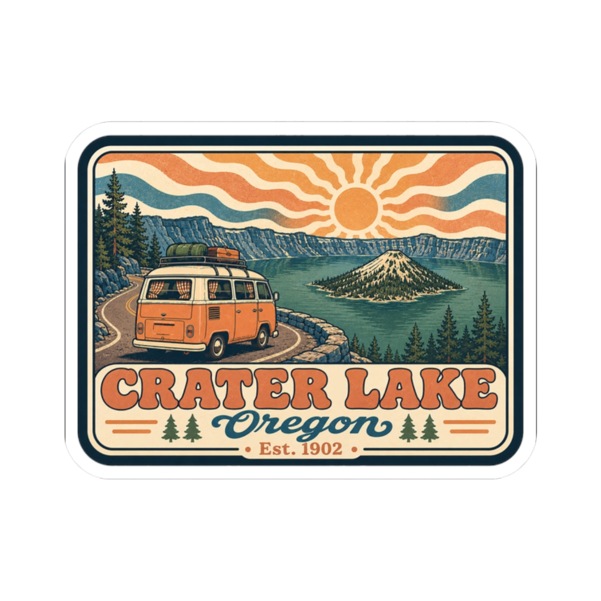 Kiss-cut sticker featuring sun rays, evergreen trees, and Crater Lake Oregon Est. 1902