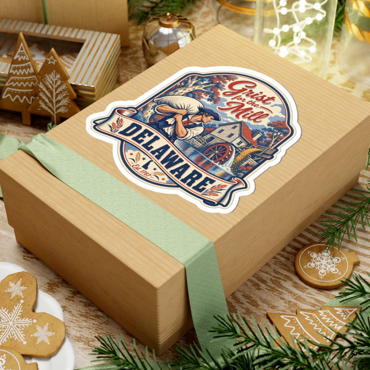 Delaware sticker on wooden gift box, vintage mill artwork and DELAWARE lettering