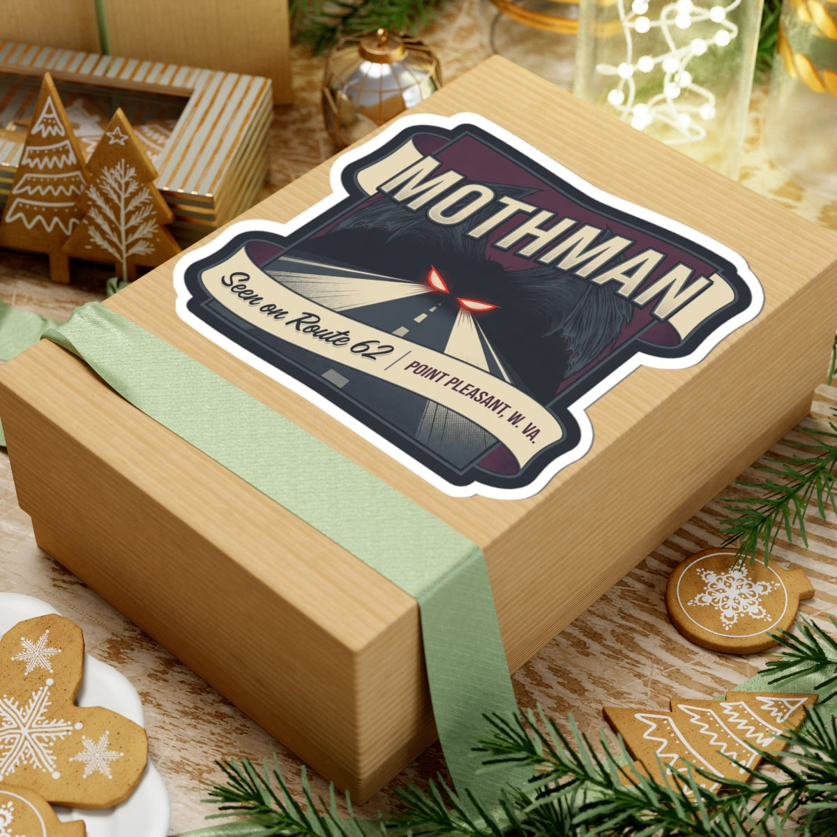Mothman sticker on gift box: road scene with red glowing eyes, “Seen on Route 62,” and Point Pleasant W.Va.