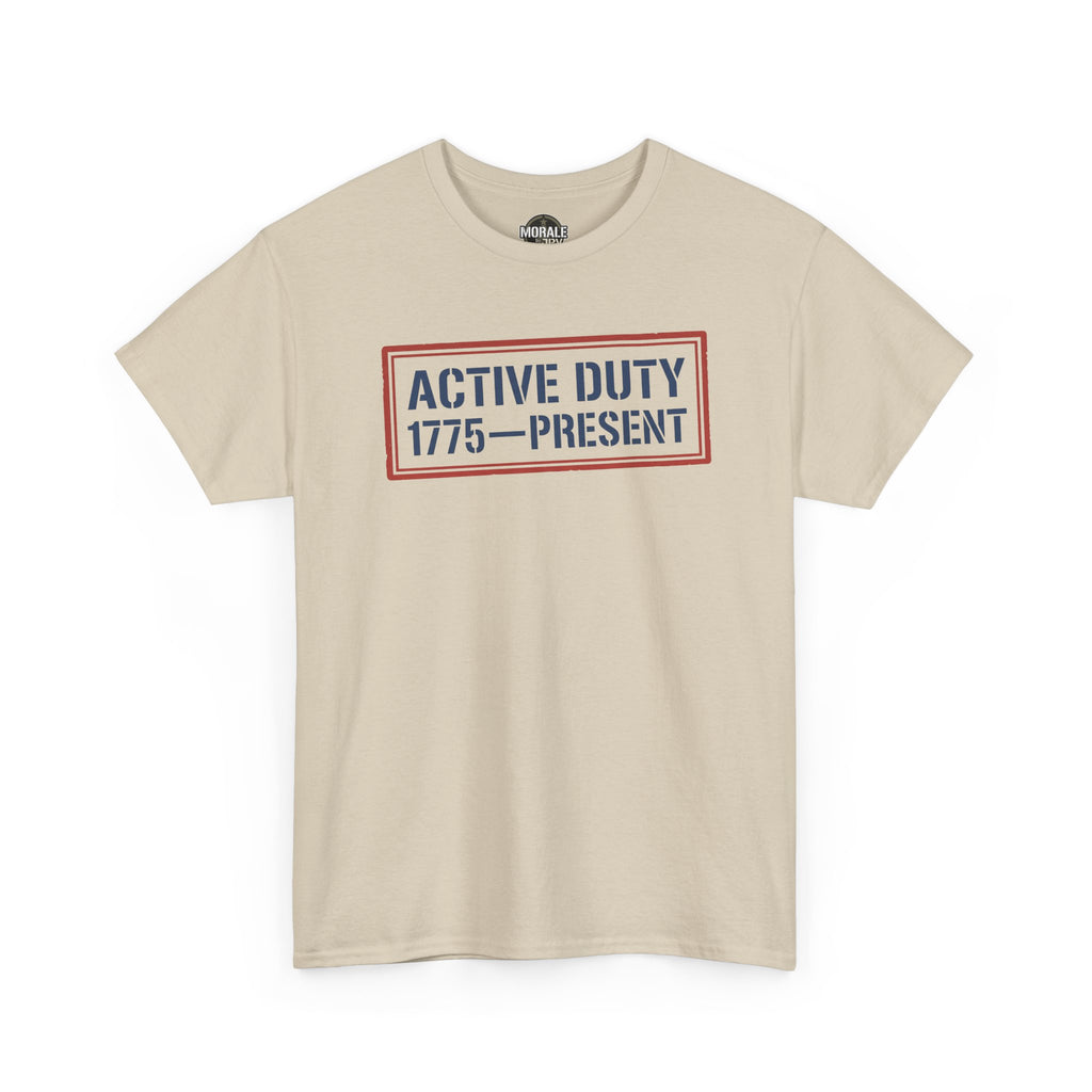 Beige crewneck T-shirt with “ACTIVE DUTY 1775—PRESENT” front graphic in red border.