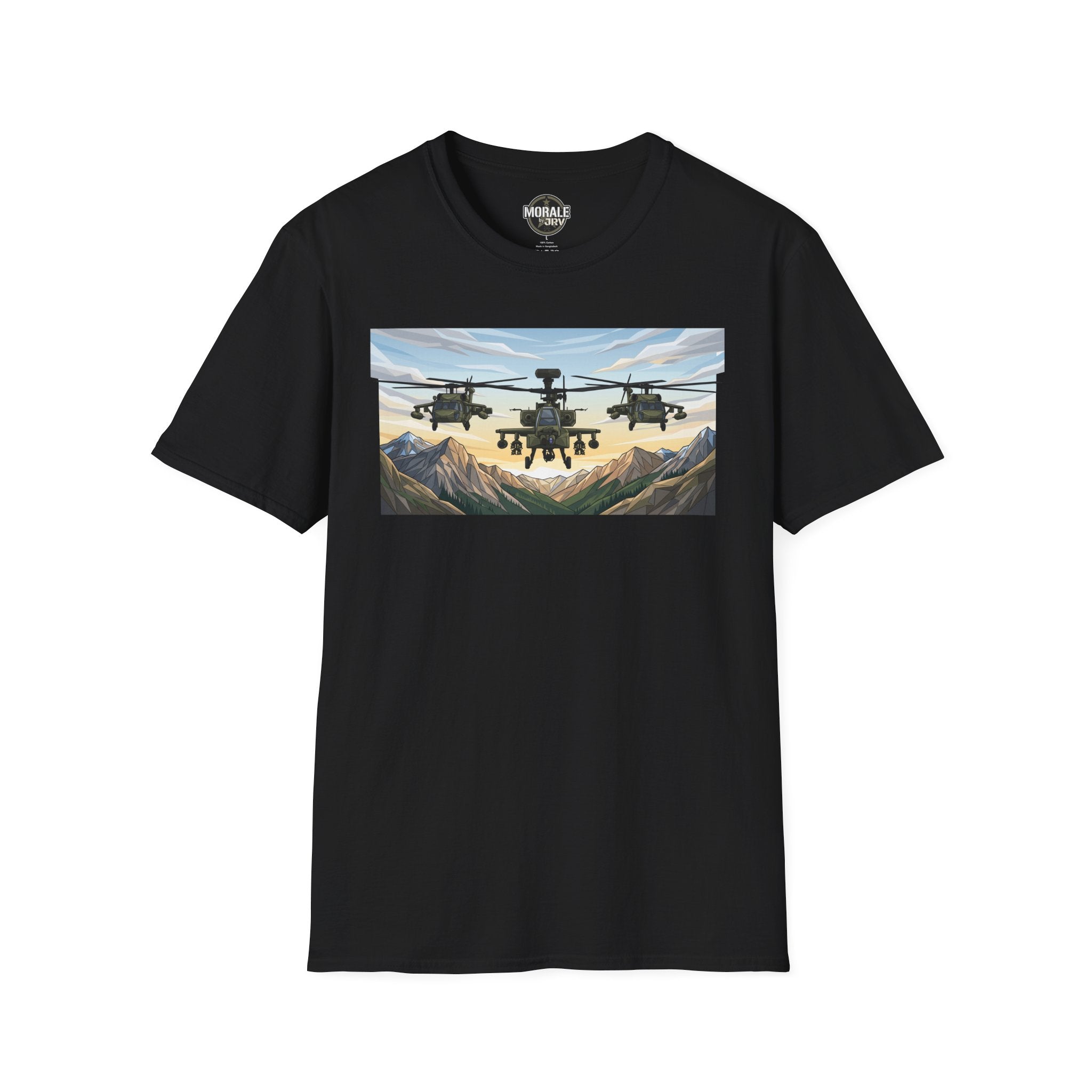 Black T-shirt with helicopter graphic over mountain valley landscape print