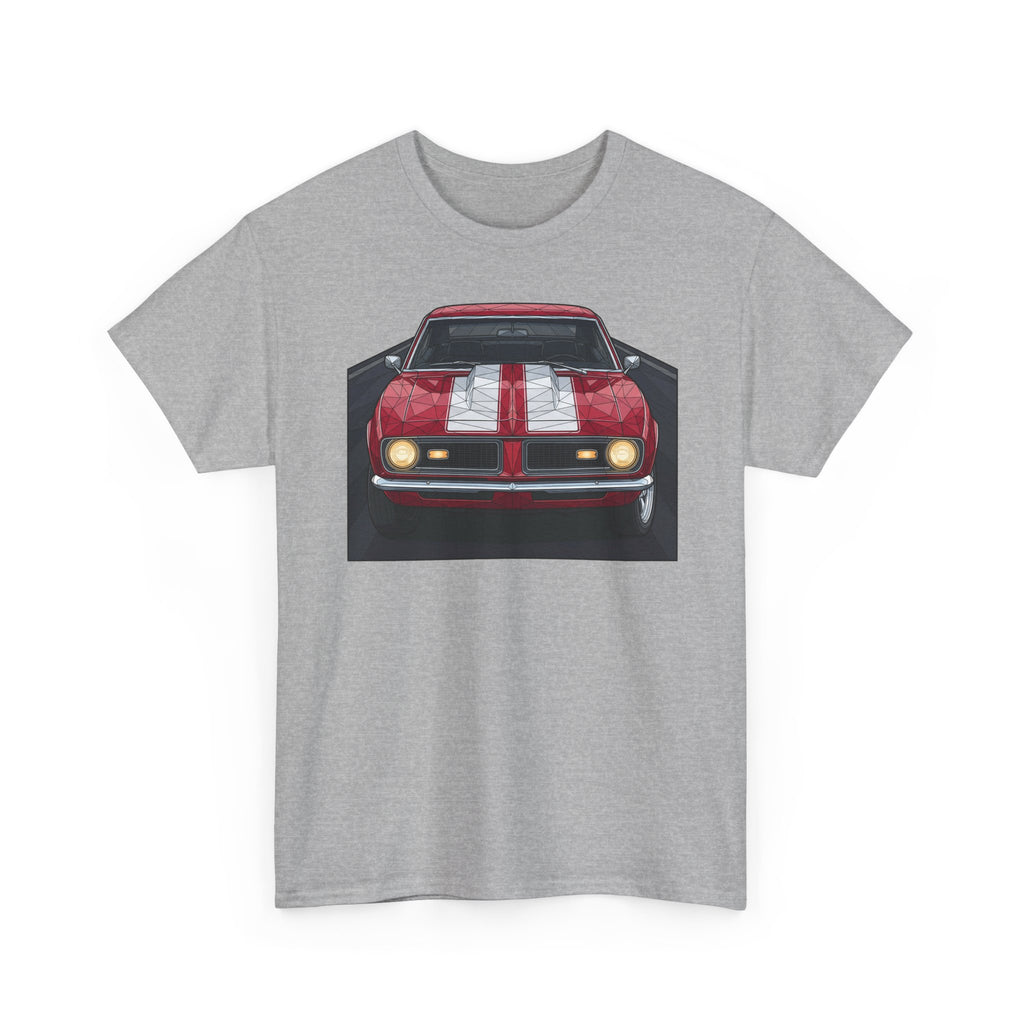 Heather gray crew-neck tee with red vintage car front graphic centered