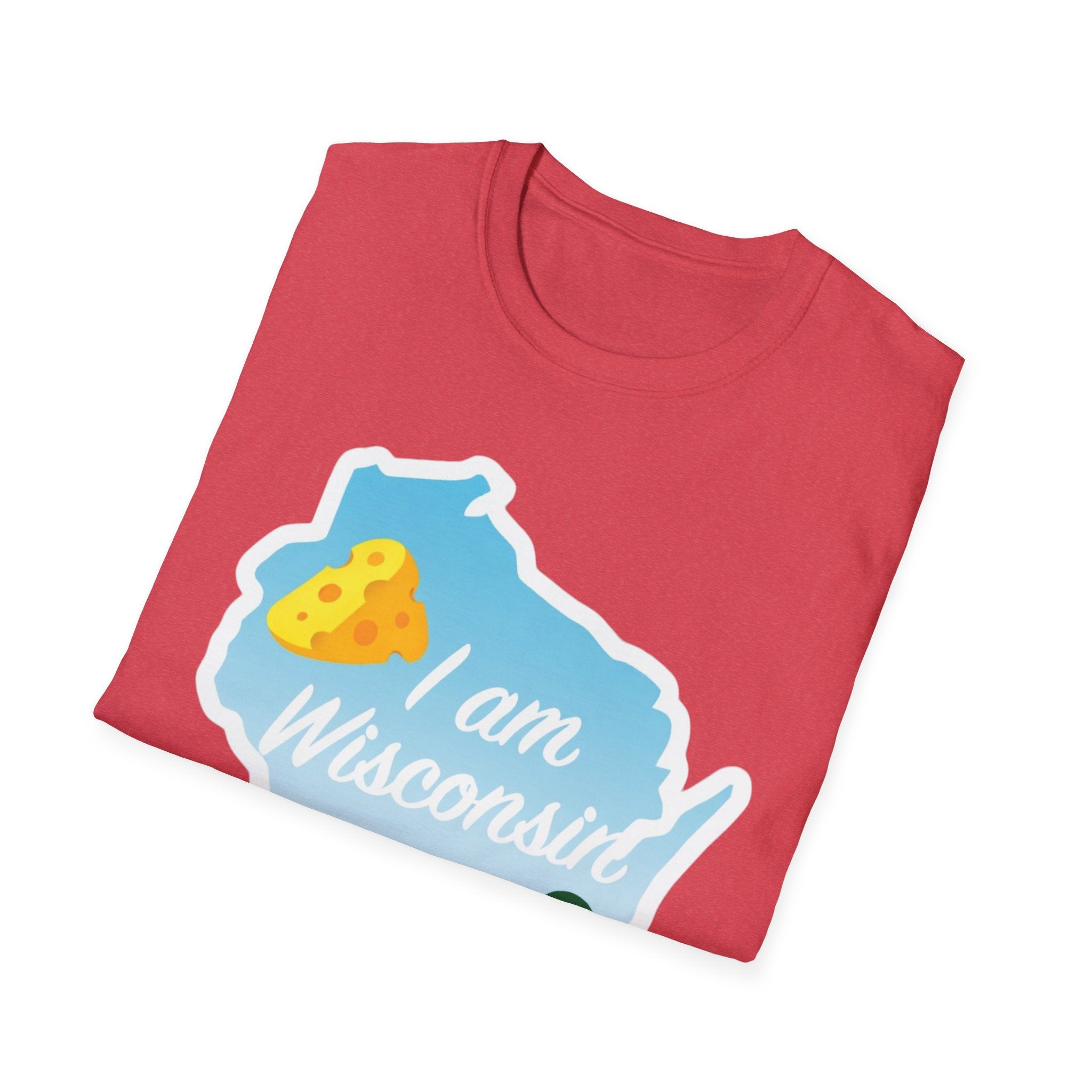 I Am Wisconsin T‑Shirt red with Wisconsin outline, cheese and 'I am Wisconsin'