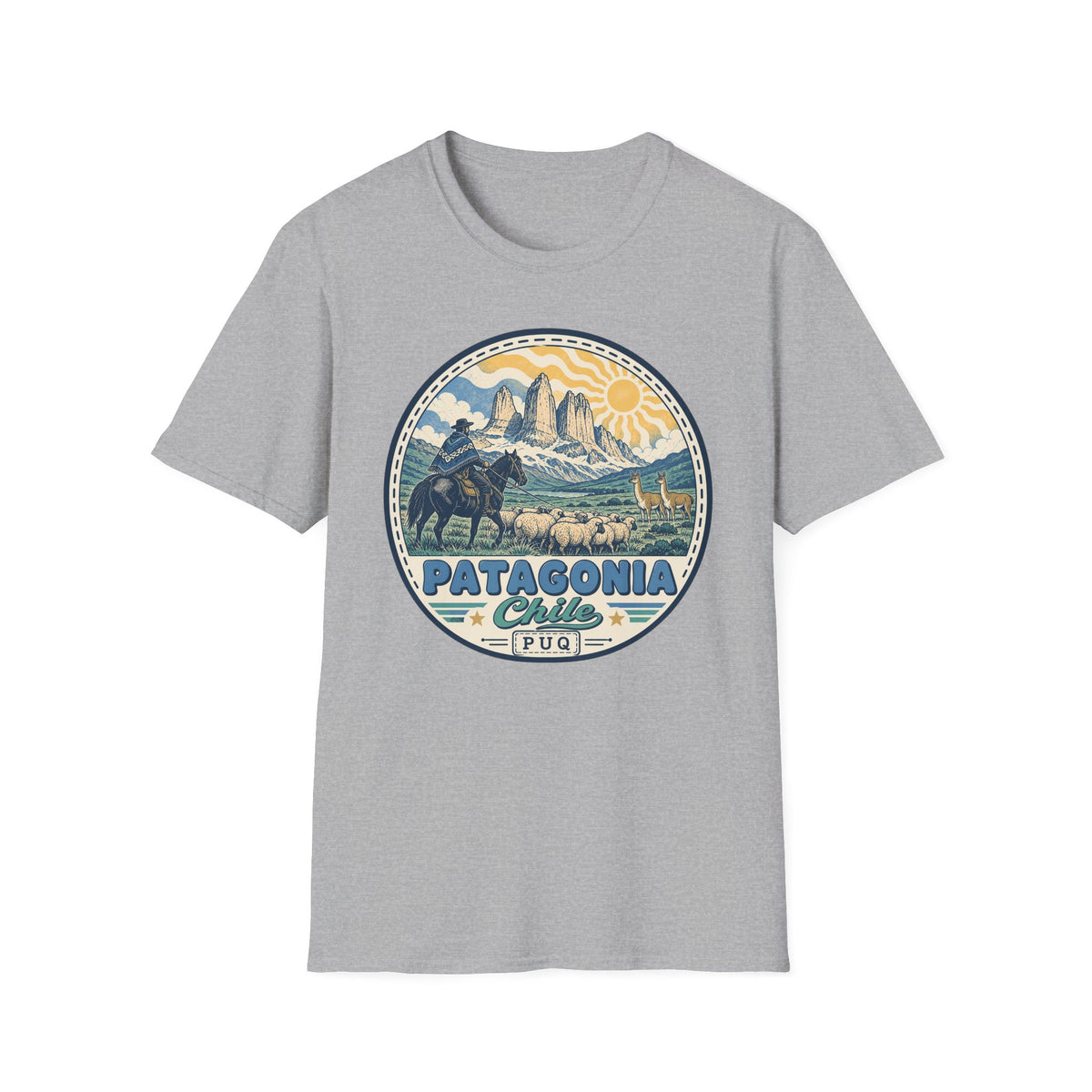 Light gray T-shirt with circular outdoor badge graphic at center chest