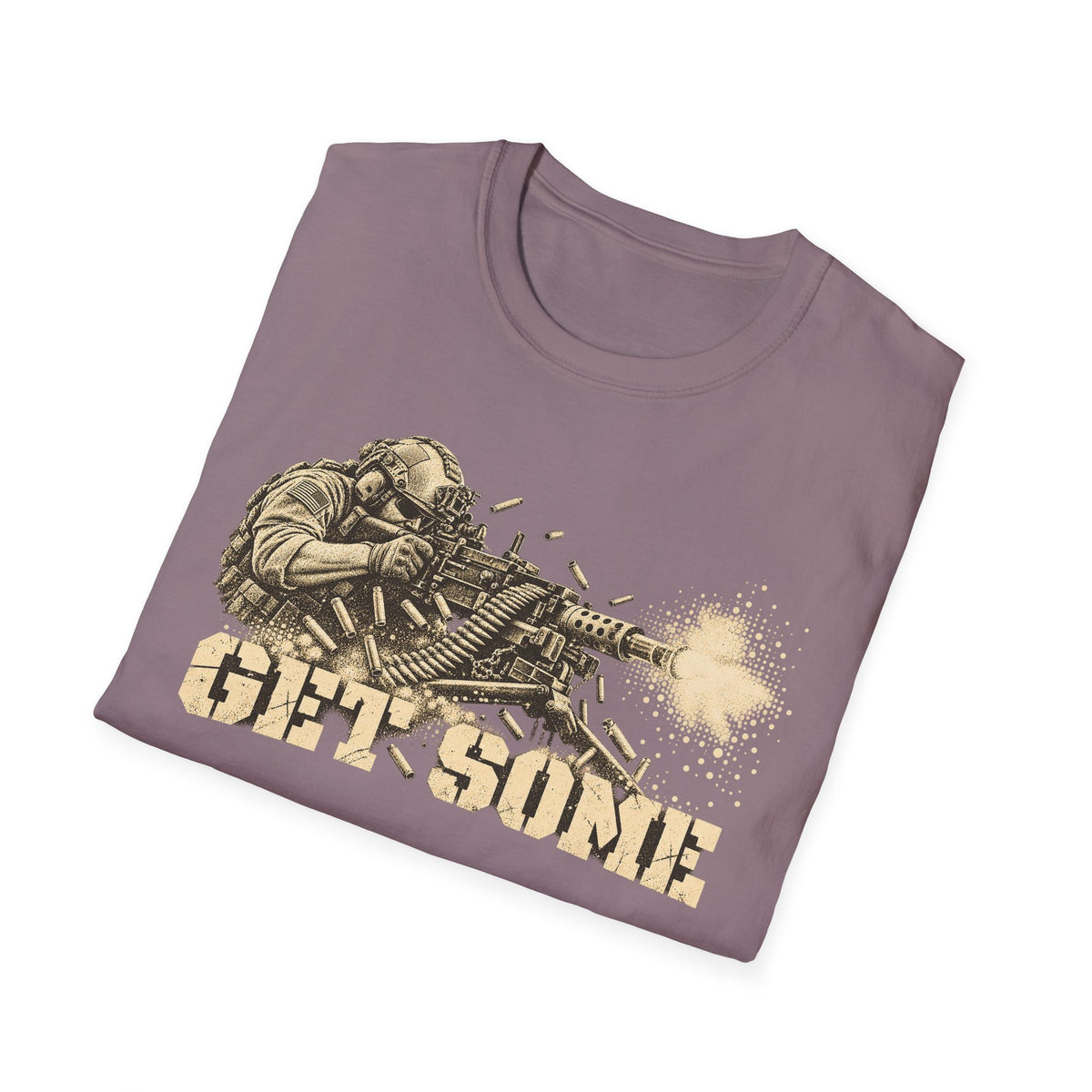 Mauve crewneck T-shirt with soldier aiming machine gun and "GET SOME" graphic