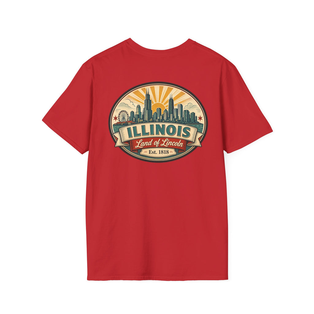 Red T-shirt with circular Illinois skyline badge, Est. 1818