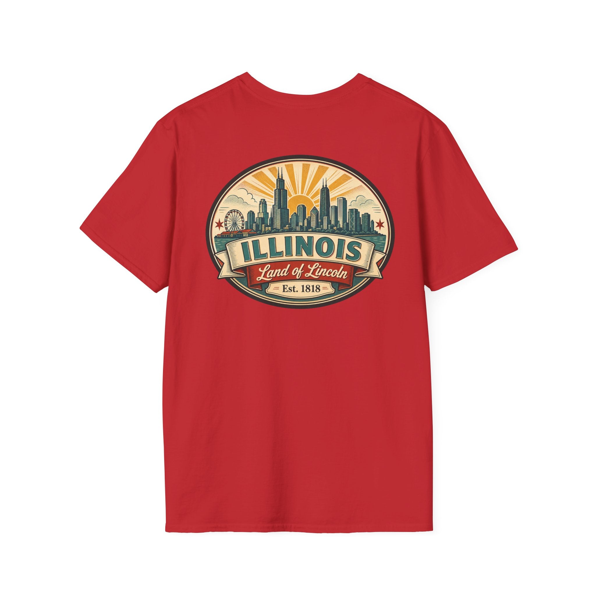 Red T-shirt with circular Illinois skyline badge, Est. 1818