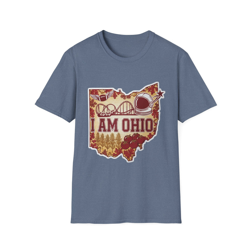 I Am Ohio T-Shirt, blaues Heather-Shirt mit „I AM OHIO“ Karten-Outline