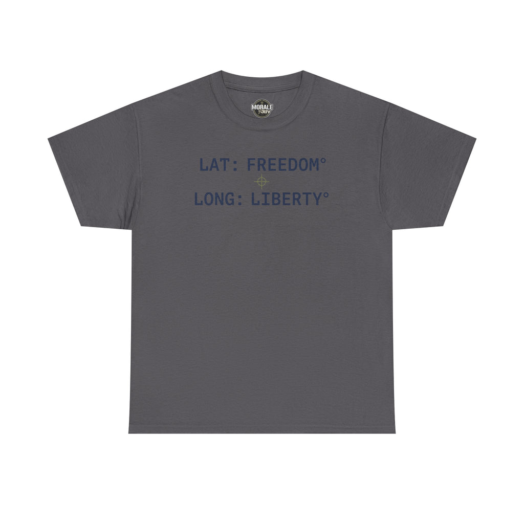 Charcoal T-shirt with "LAT: FREEDOM" and "LONG: LIBERTY" graphic