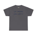 Charcoal T-shirt with "LAT: FREEDOM" and "LONG: LIBERTY" graphic