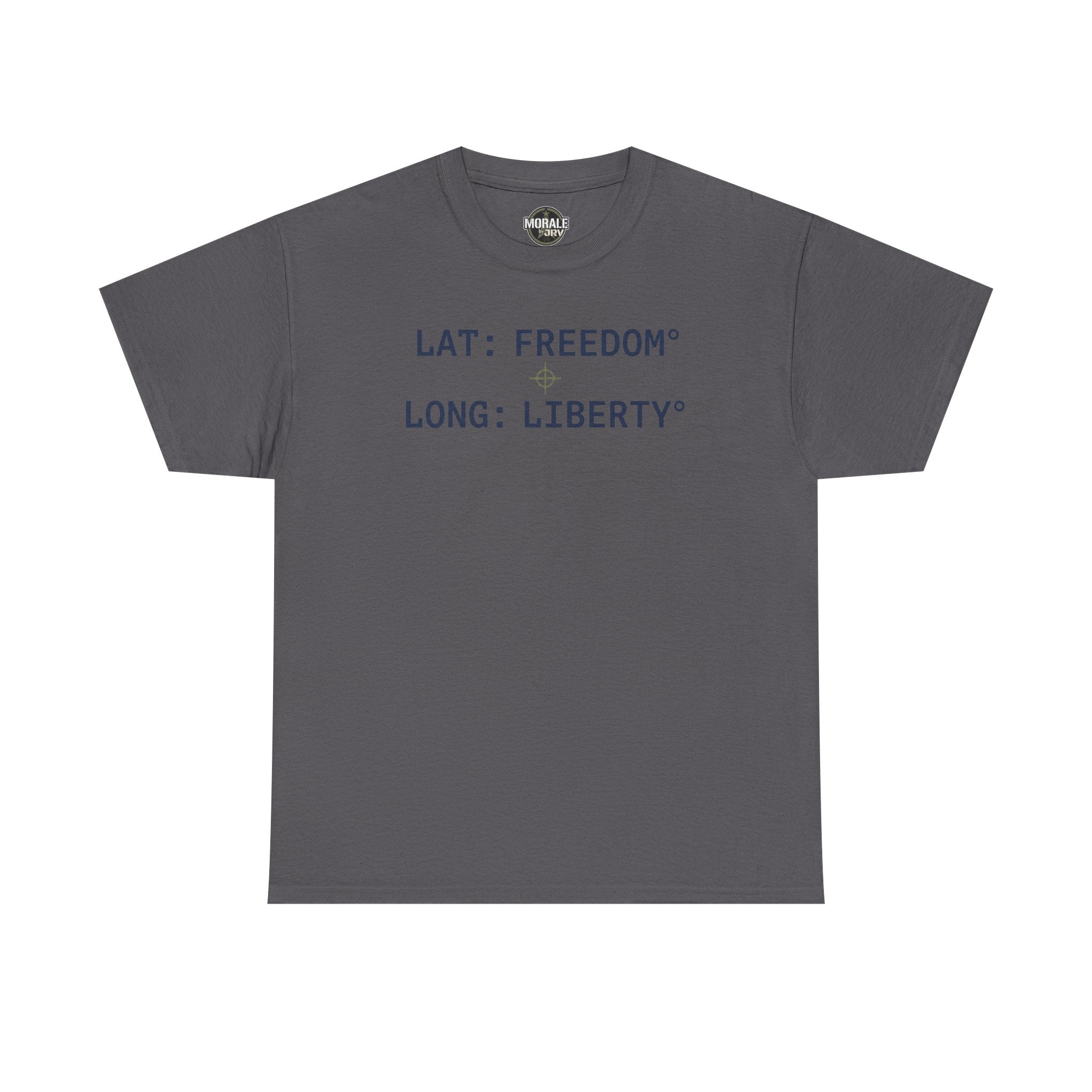 Charcoal T-shirt with "LAT: FREEDOM" and "LONG: LIBERTY" graphic