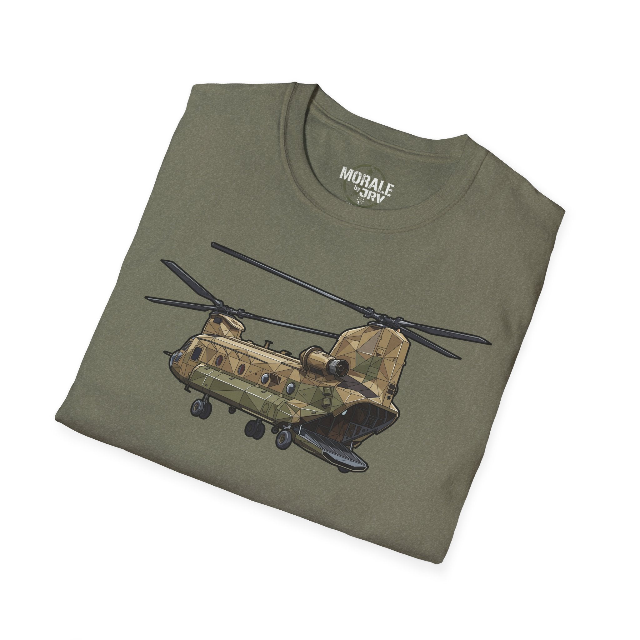 Olive green CH-47 Chinook T-shirt with camouflage helicopter graphic on the front