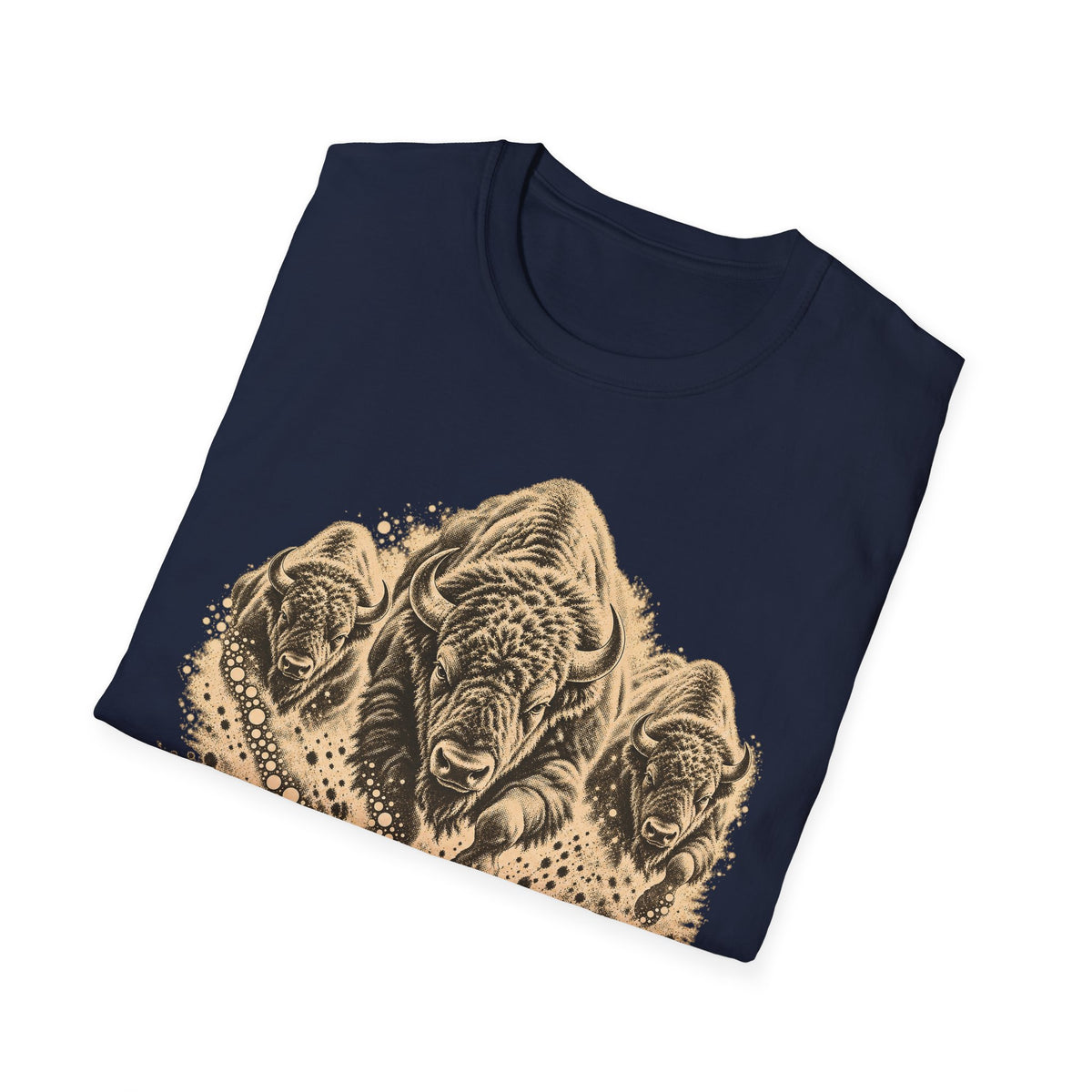 Navy crew-neck T-shirt with large tan charging bison herd graphic