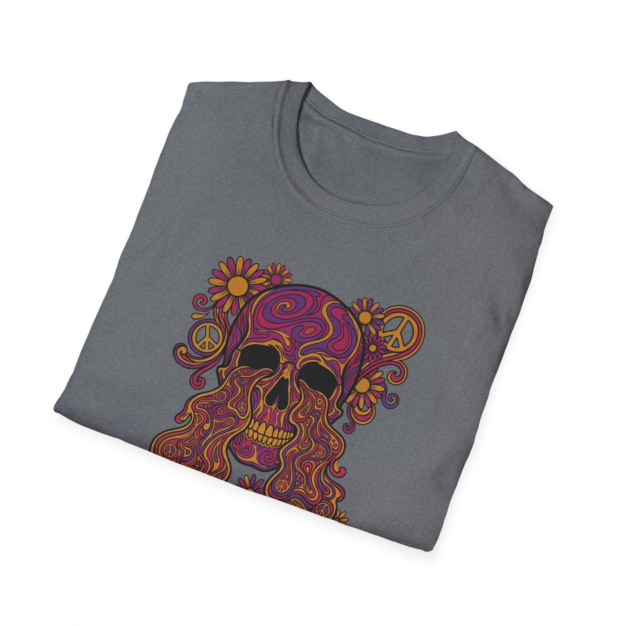 Grau meliertes T-Shirt mit psychedelischer Totenkopf-Grafik, Blumen und Friedenszeichen