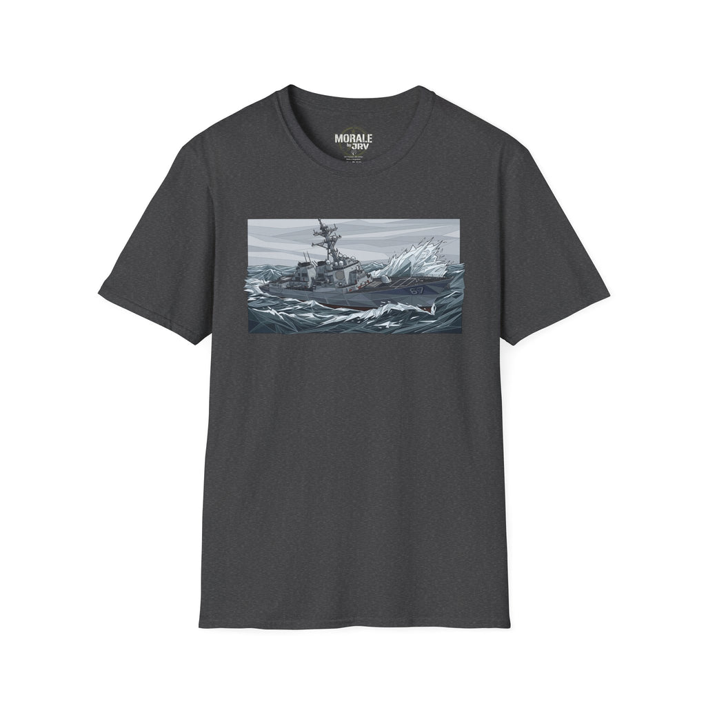Dark heather T-shirt with battleship stormy sea graphic on the front