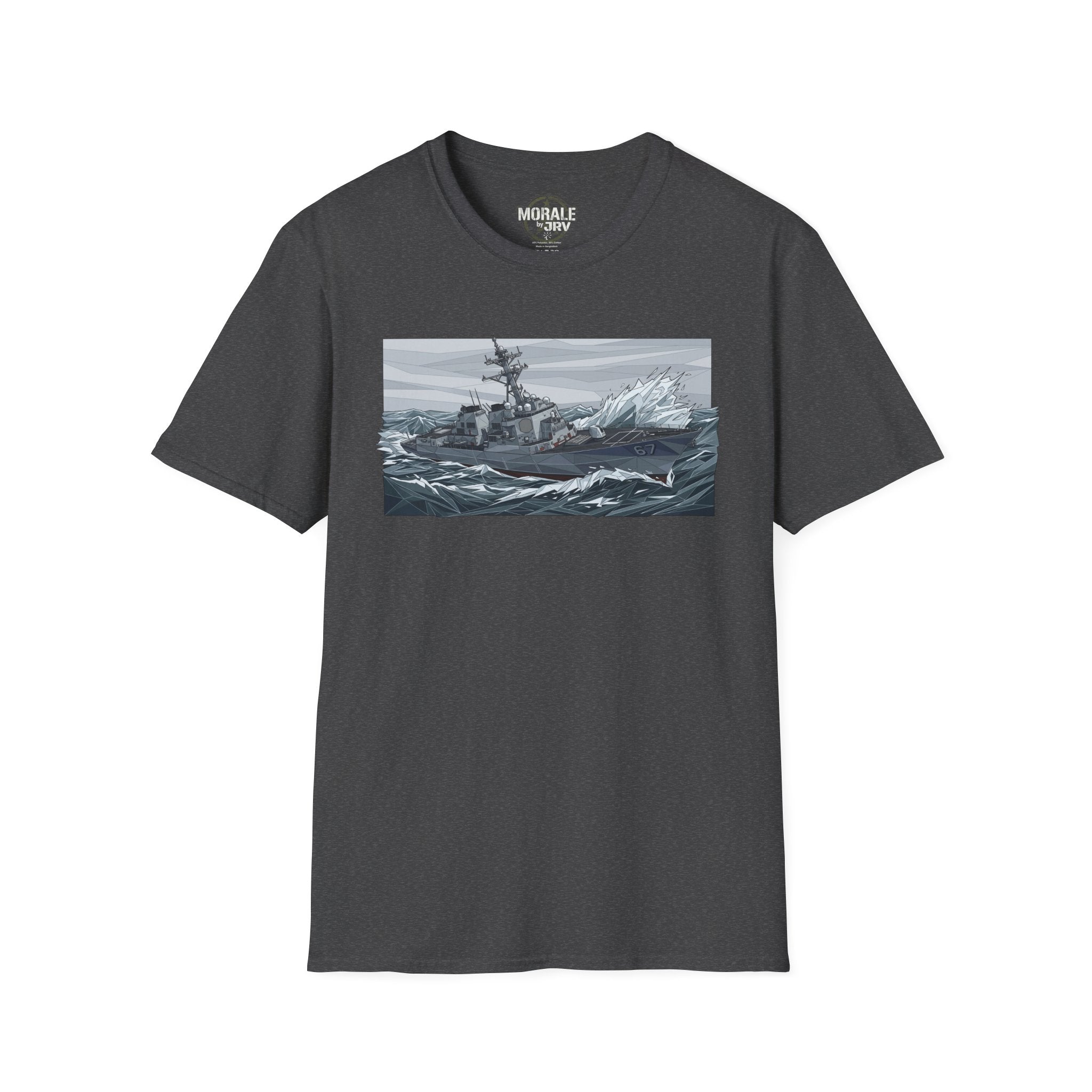 Dark heather T-shirt with battleship stormy sea graphic on the front