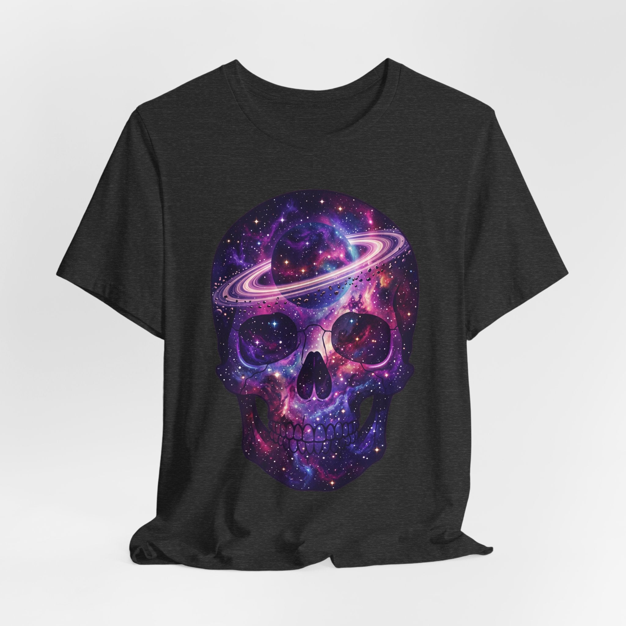Galaxy skull T-shirt in dark gray heather, full purple galaxy skull front design