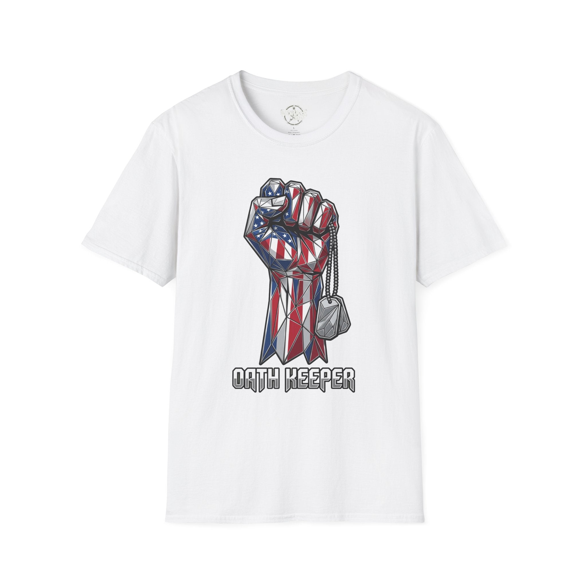 Patriotic Fist T-Shirt, white with American flag fist and dog tags graphic