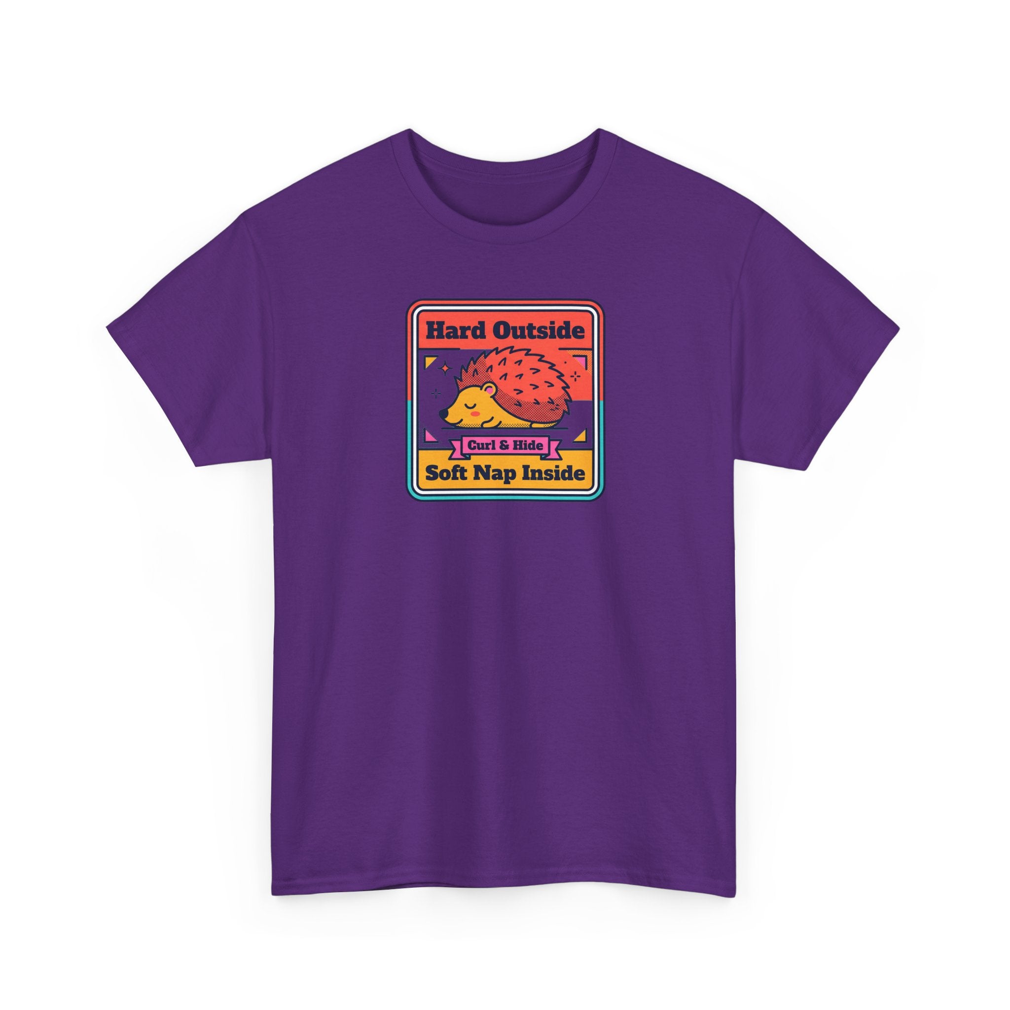 Purple crewneck T-shirt with hedgehog logo graphic on chest