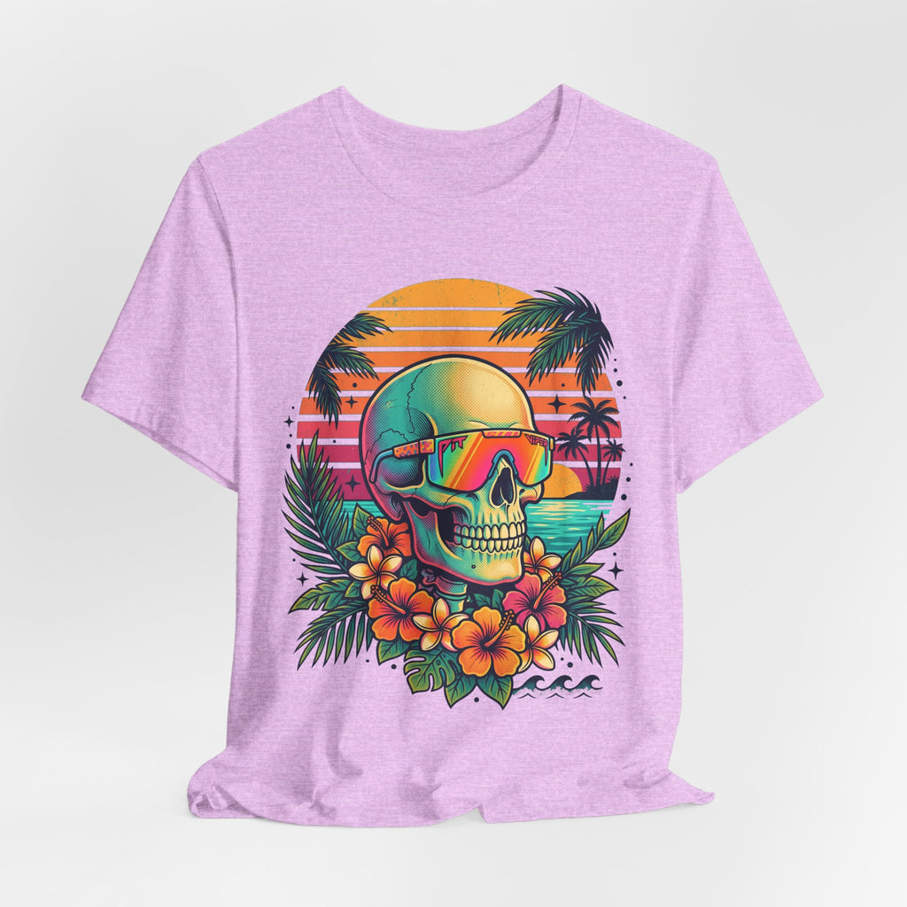 Tropical Skull T-Shirt, violett, Skull mit Sonnenbrille und Blumenkranz-Print
