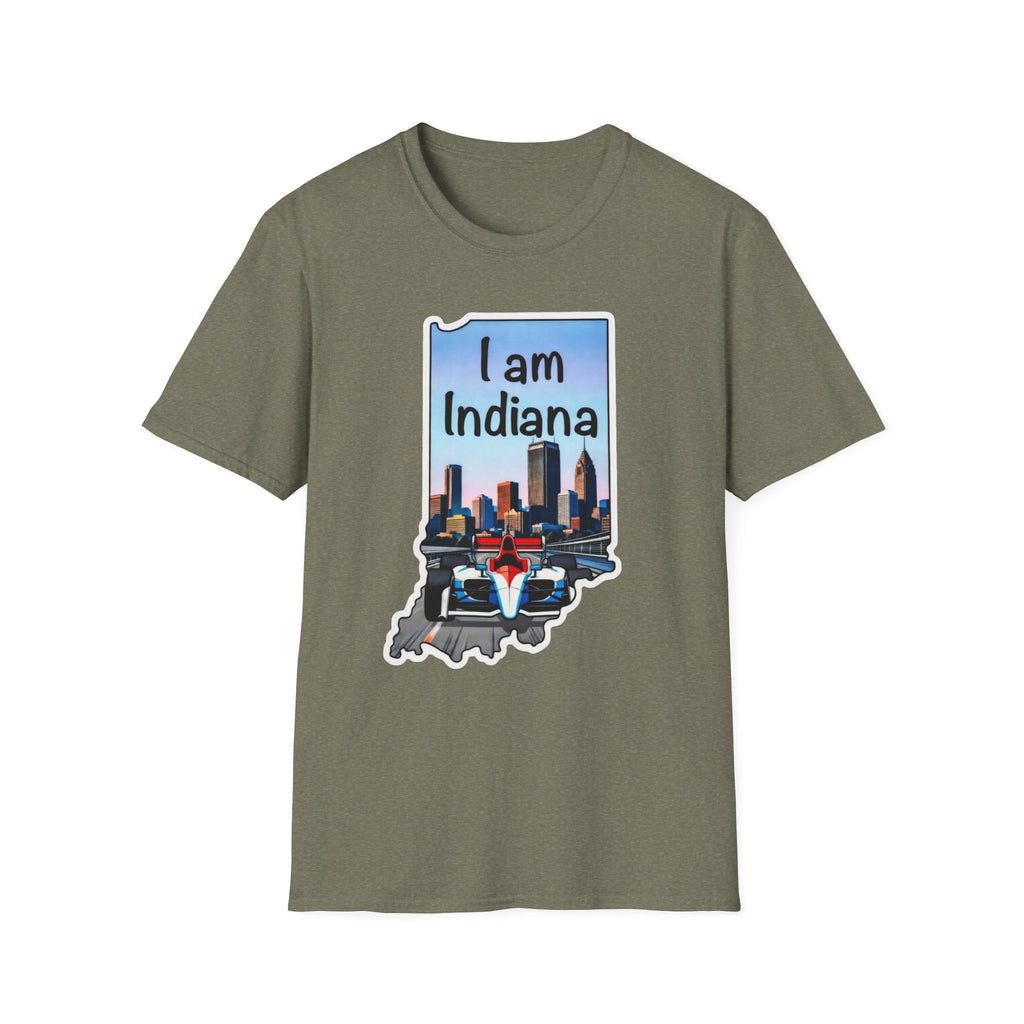 I am Indiana T-Shirt, olivgrün: Indiana-Schriftzug, Skyline & IndyCar im Umriss