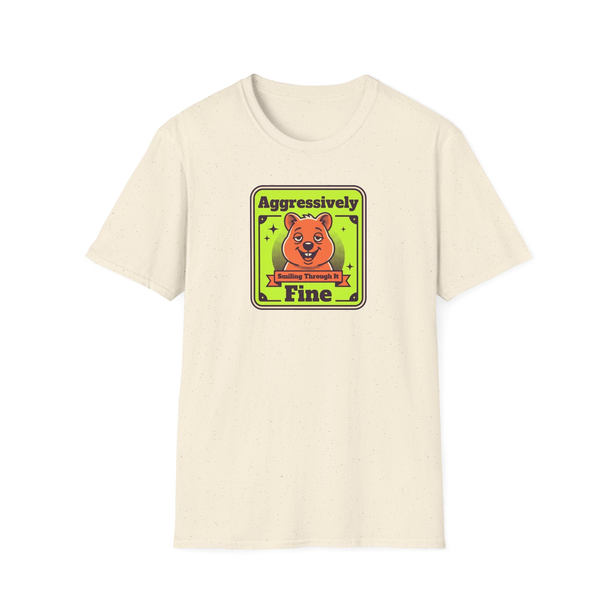 Cream crewneck T-shirt with centered neon bear graphic logo