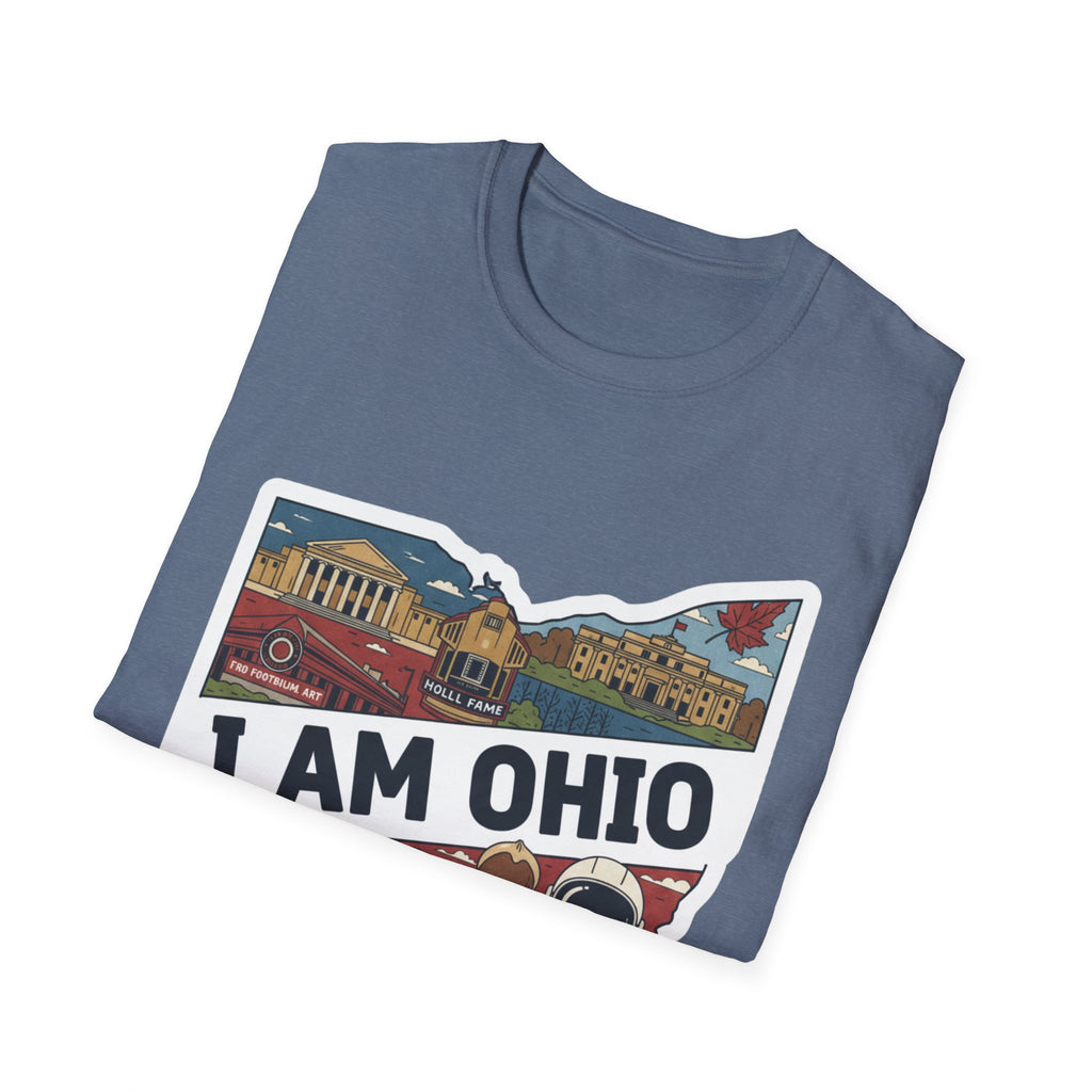 Blue-gray T-shirt with “I AM OHIO” Ohio skyline and landmarks graphic