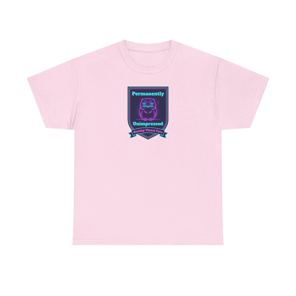 Light pink crewneck T-shirt with small rectangular neon robot badge graphic on chest