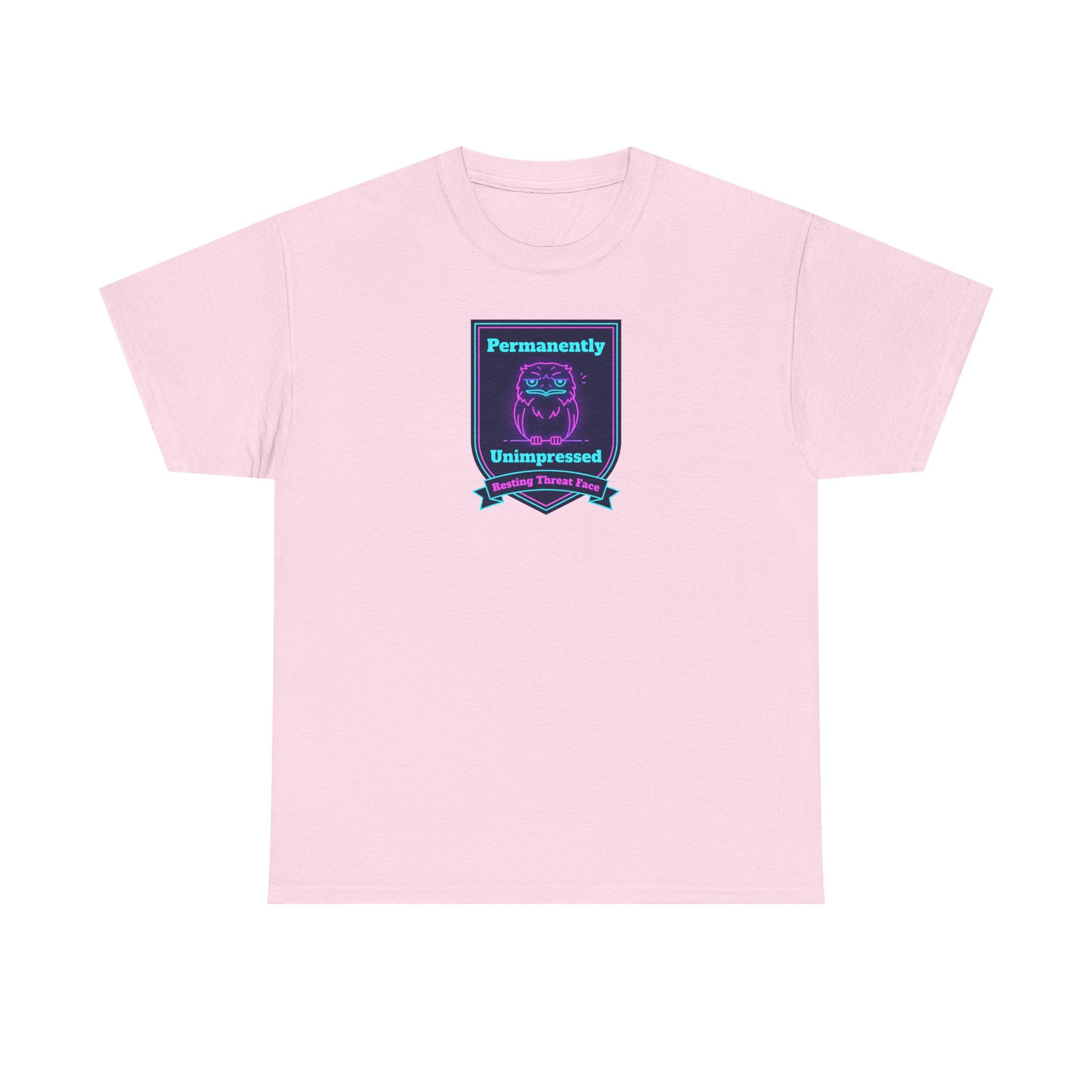 Light pink crewneck T-shirt with small rectangular neon robot badge graphic on chest