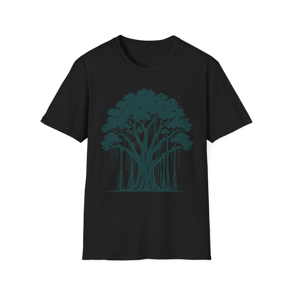 T-Shirt mit Banyan-Baum-Motiv, schwarzer Stoff, Frontgrafik eines Baums mit Wurzelsilhouette