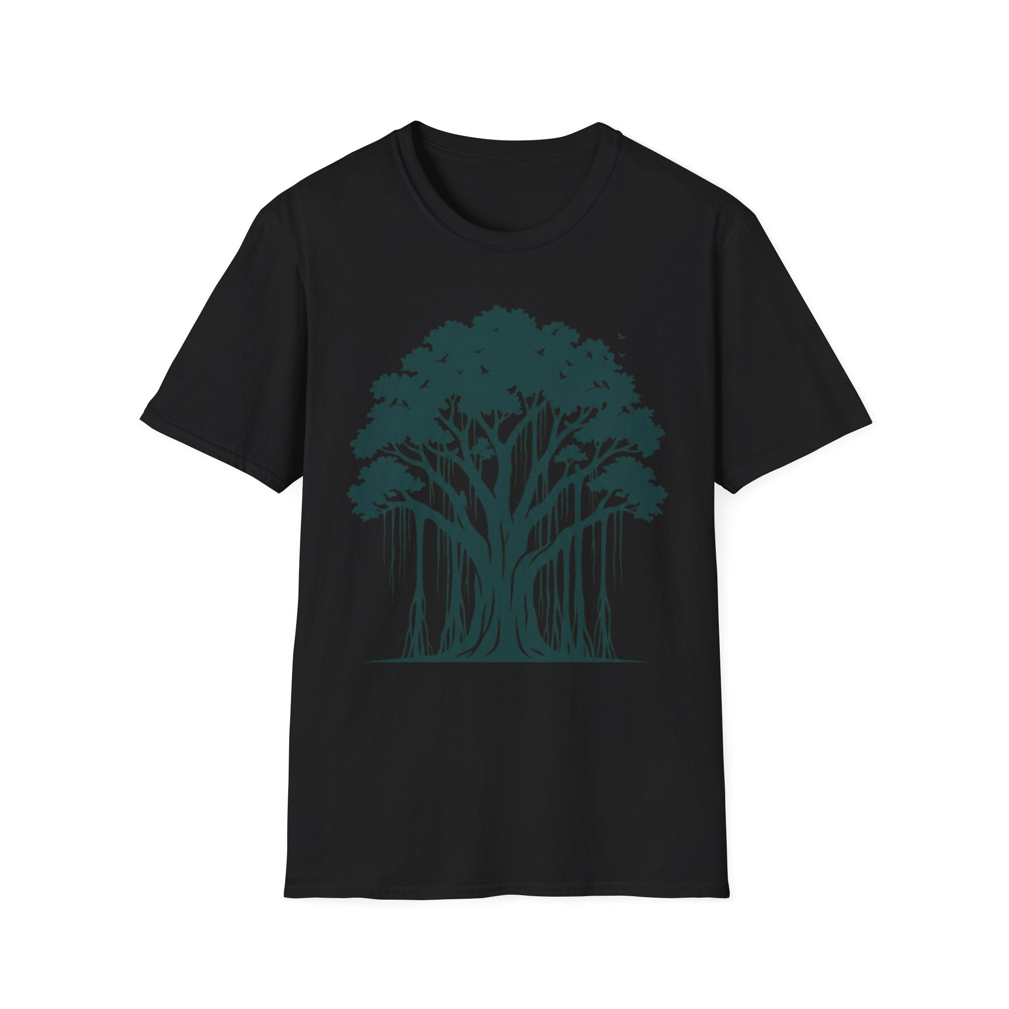 T-Shirt mit Banyan-Baum-Motiv, schwarzer Stoff, Frontgrafik eines Baums mit Wurzelsilhouette