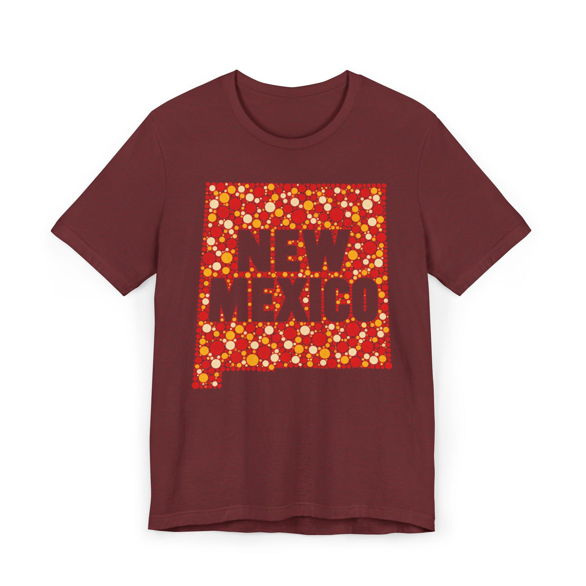 Burgundy crewneck t-shirt with colorful New Mexico floral map graphic