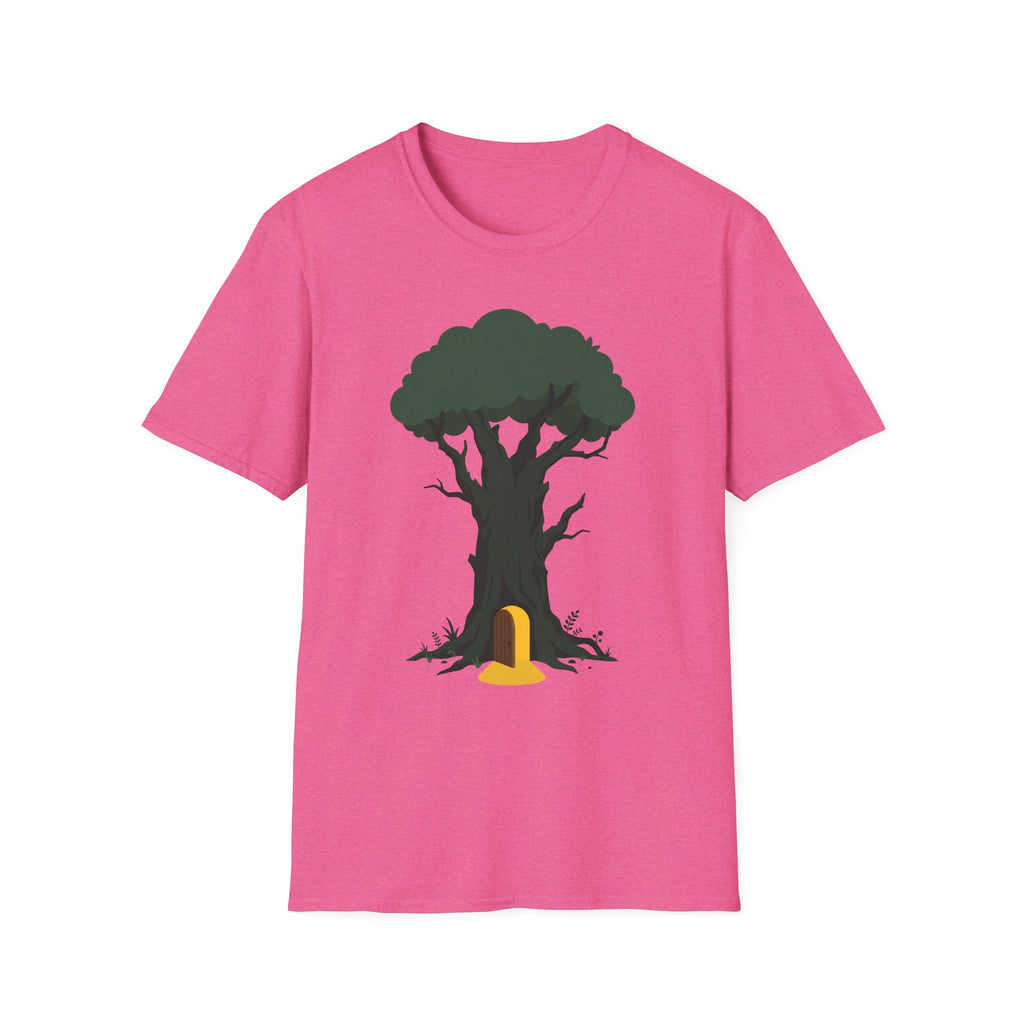 Pink T-shirt with enchanted tree and yellow door graphic