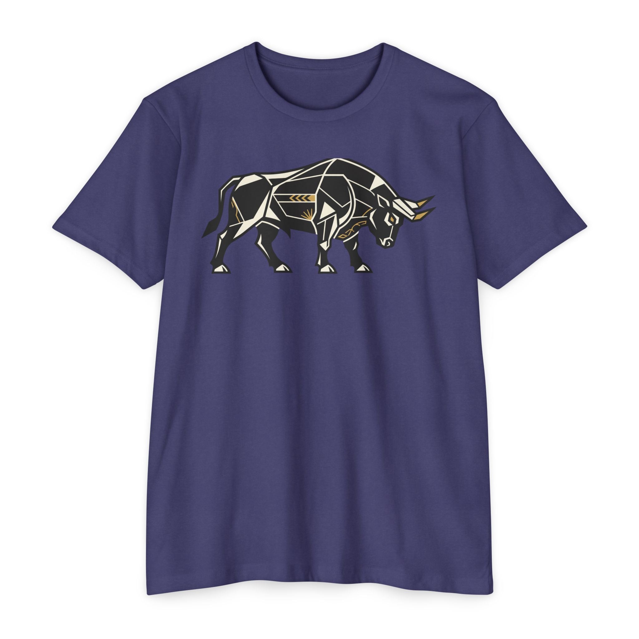 Purple T-shirt with geometric charging bull graphic, crew neck, short sleeves