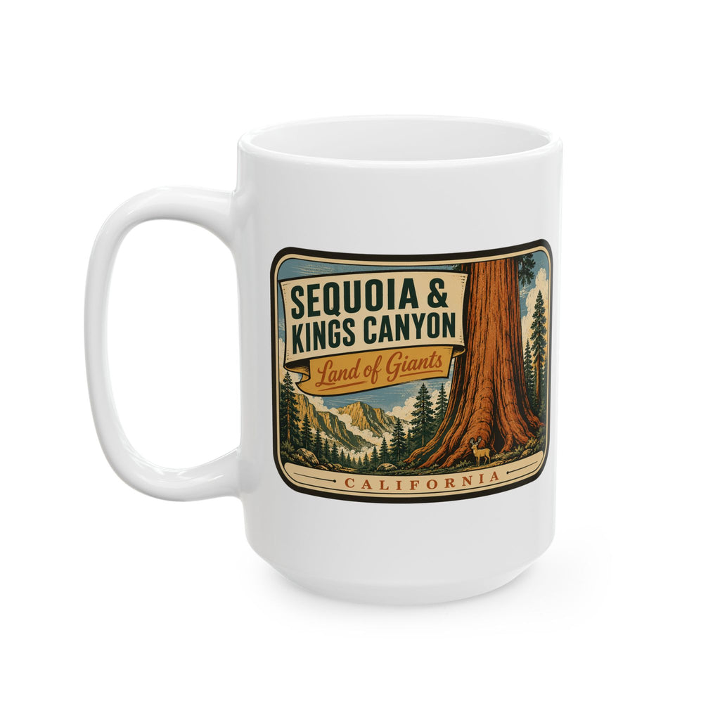 White ceramic mug with Sequoia & Kings Canyon 'Land of Giants' graphic and handle