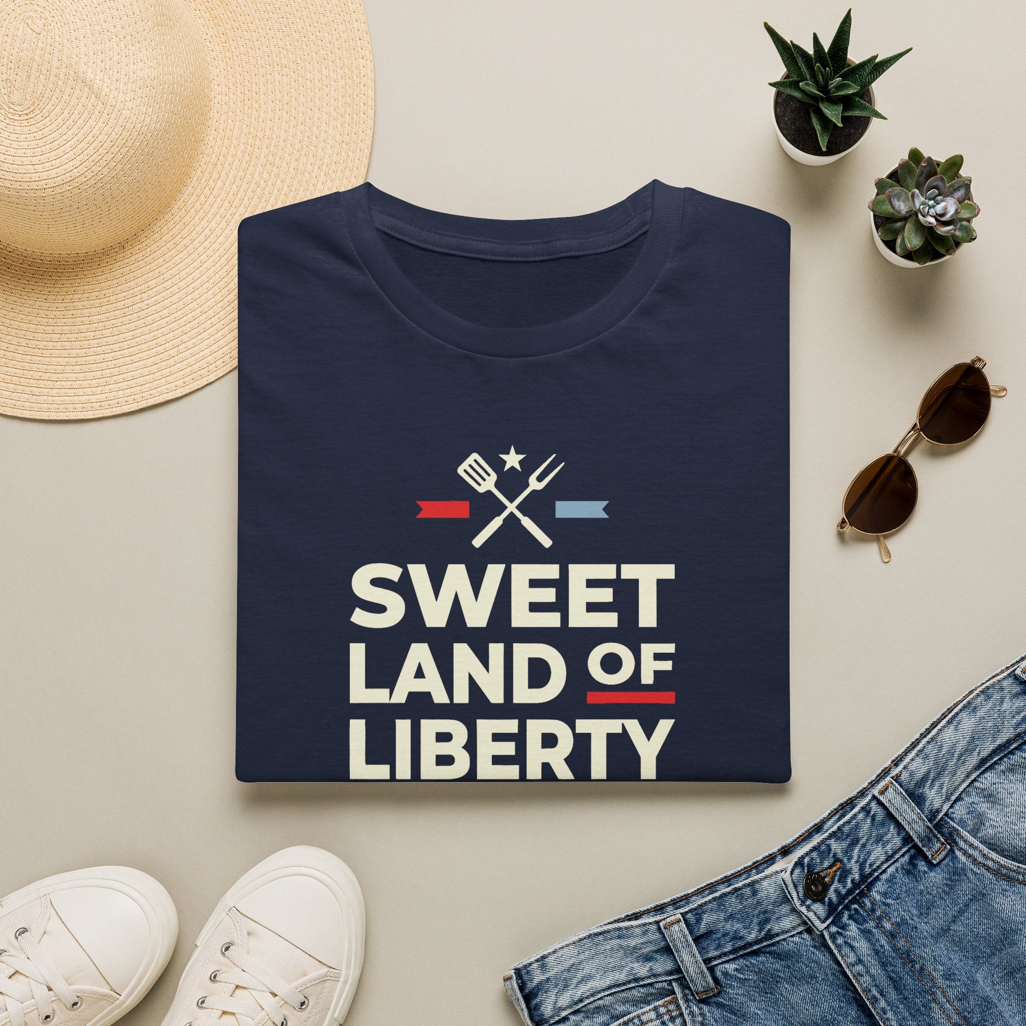 Navy 4th of July BBQ T-shirt with “Sweet Land of Liberty” grill graphic