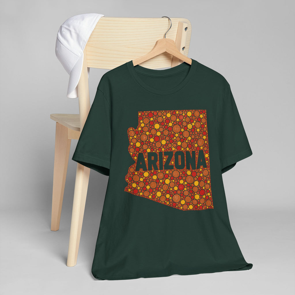 Teal crewneck short-sleeve T-shirt with orange Arizona graphic patch.