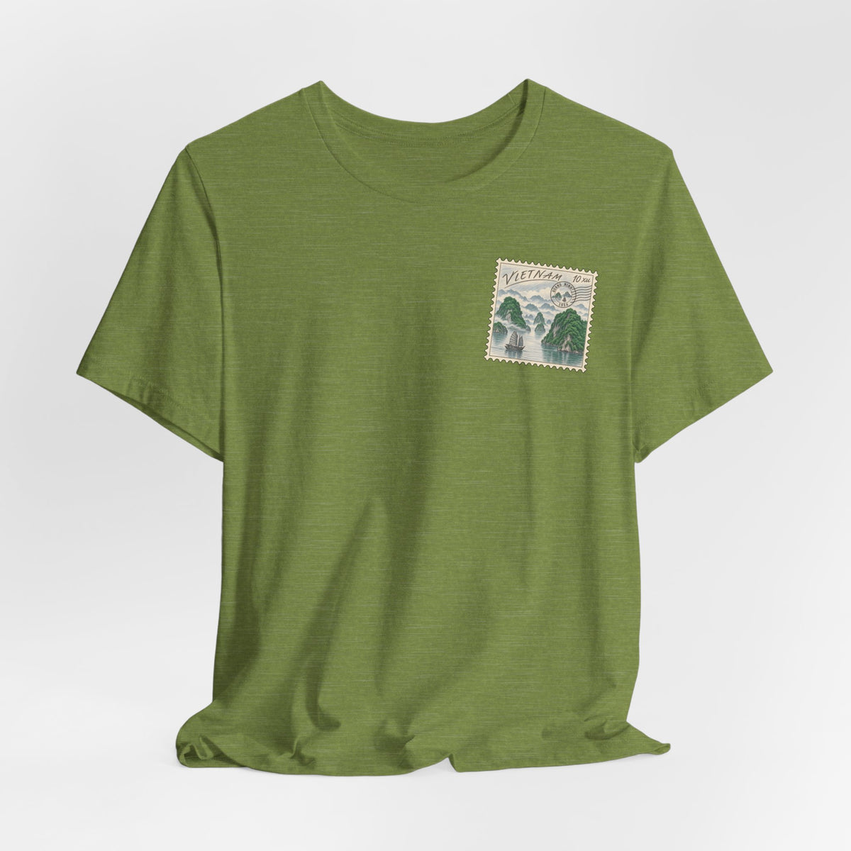 Olive green crewneck T-shirt with small Vietnam postage-stamp graphic on chest