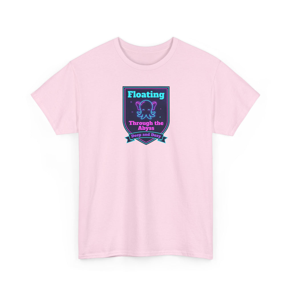 Light pink T-shirt with centered neon 'Floating Through the Abyss' graphic