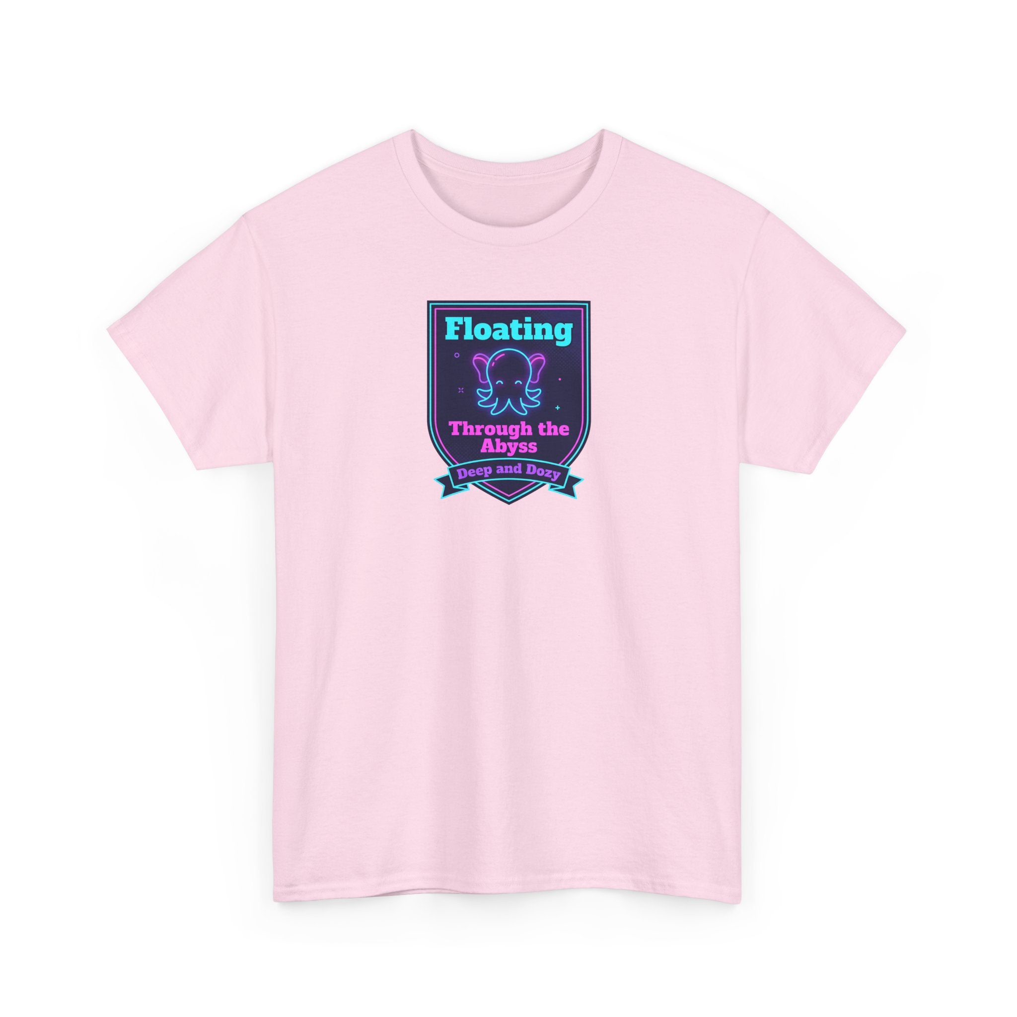 Light pink T-shirt with centered neon 'Floating Through the Abyss' graphic
