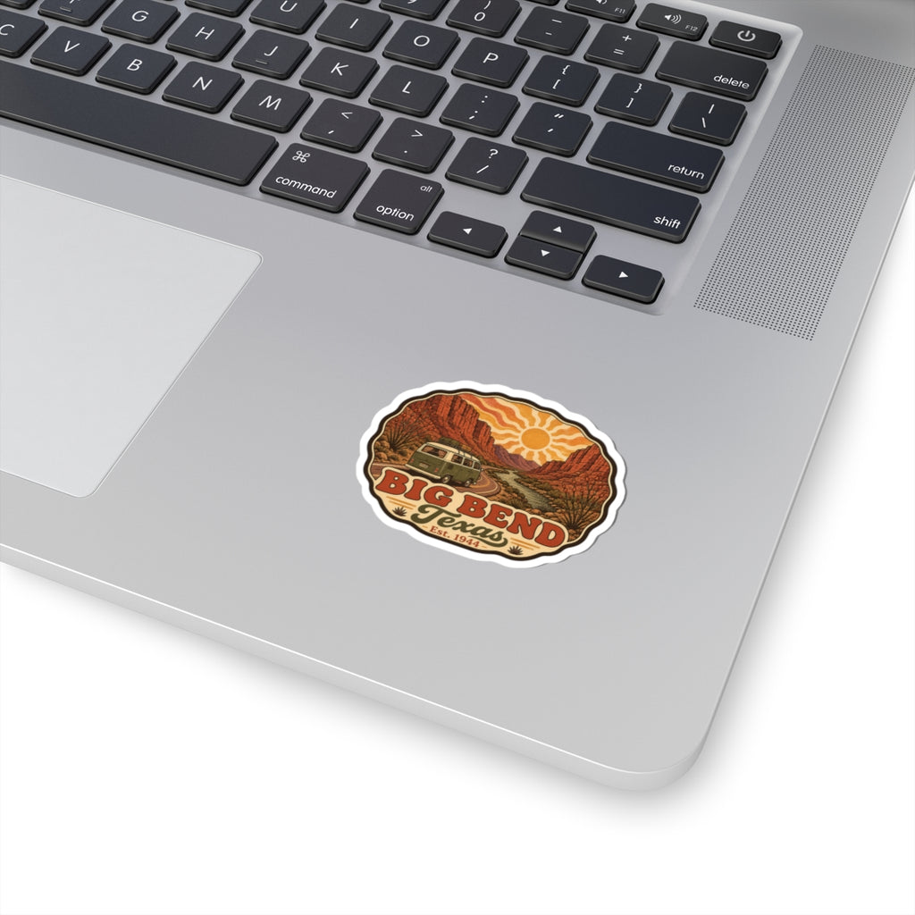 Kiss-cut desert badge sticker, orange and brown with mountain and sun design