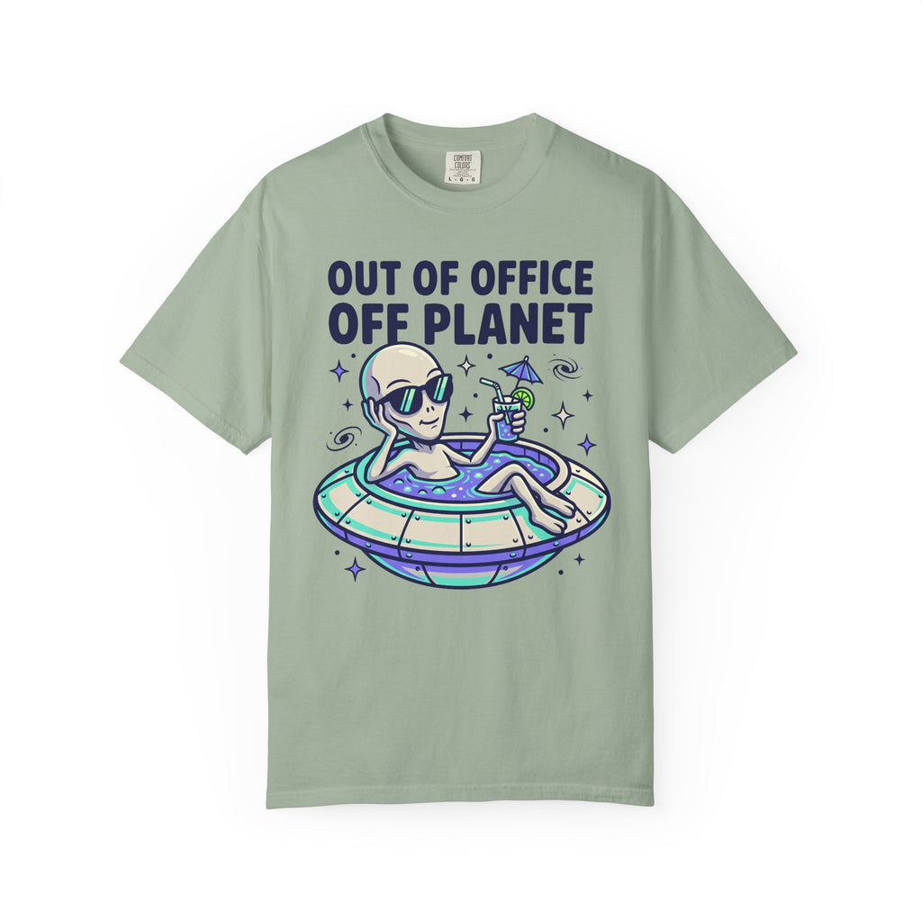 Green alien floatie T-shirt with “OUT OF OFFICE OFF PLANET” graphic on front