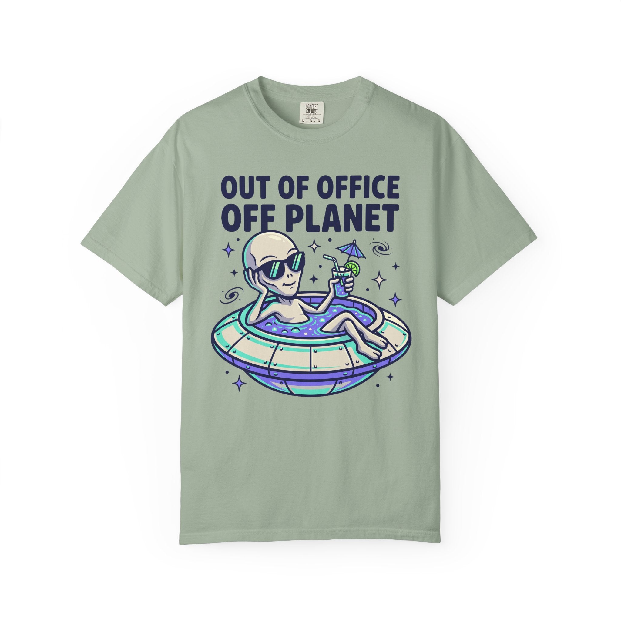 Green alien floatie T-shirt with “OUT OF OFFICE OFF PLANET” graphic on front