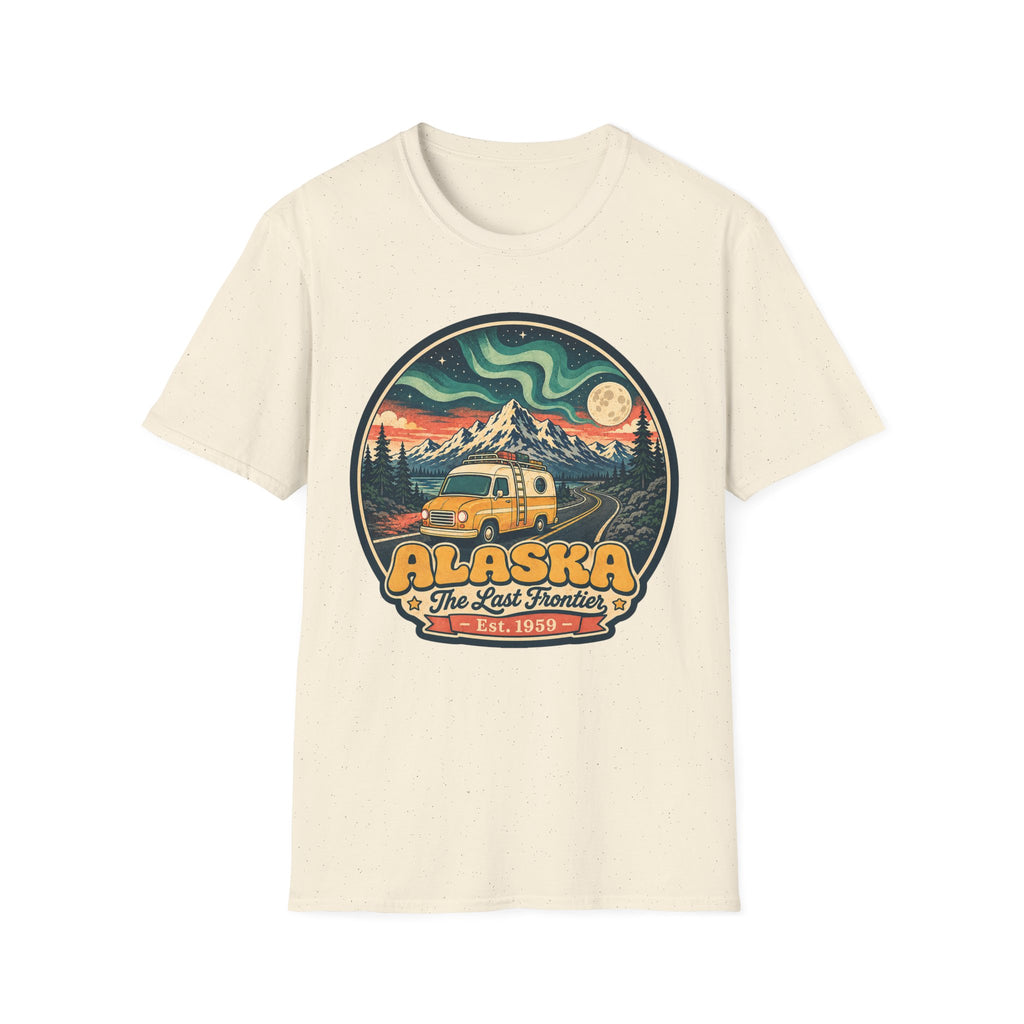 Unisex graphic T-shirt, natural, round Alaska logo with mountain and cabin vehicle art