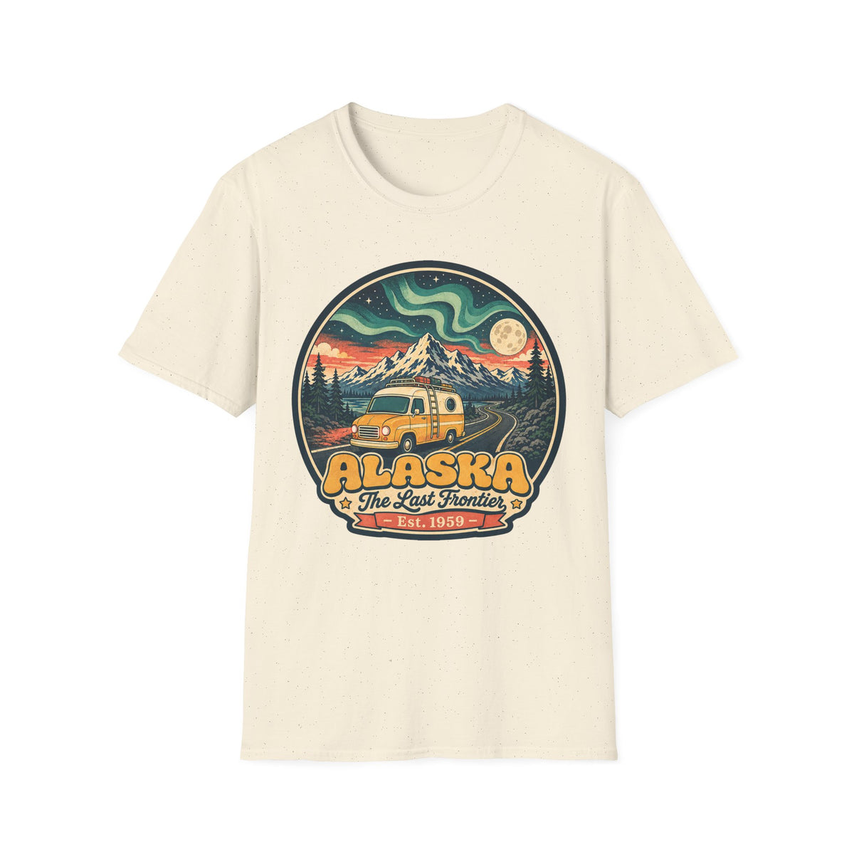 Unisex graphic T-shirt, natural, round Alaska logo with mountain and cabin vehicle art